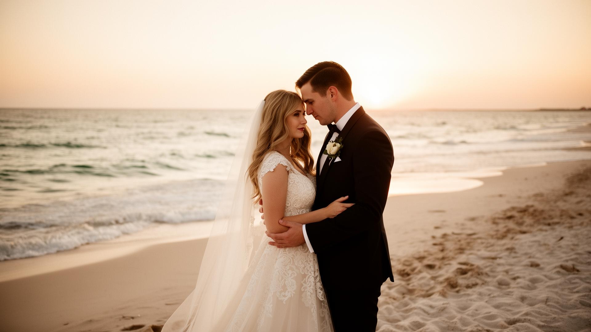 Bride and groom embracing at sunset on a Southwest Florida beach